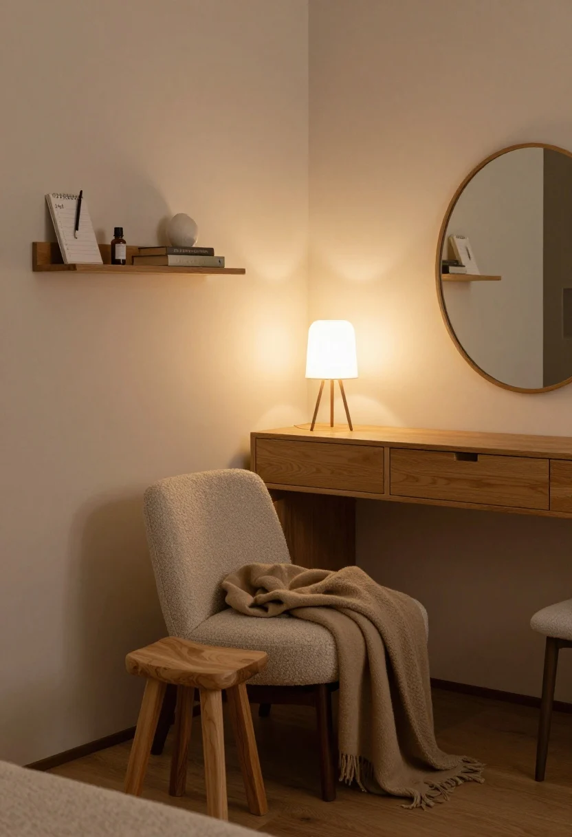 Corner medium shot: Defined calm zones within a small bedroom. A compact reading nook with a slim bouclé lounge chair, a warm-dim tripod or floor lamp, and a small wooden stool doubling as a side table, draped with a wool throw. Nearby, a vanity/commode area with an oval mirror softening lines; organized drawers (suggested dividers) slightly open to imply order. A petite “night ritual” wall shelf holds a small bottle of essential oil, a single book, and a notepad with pencil for clearing thoughts. Warm, focused lighting, uncluttered styling, intimate mood.