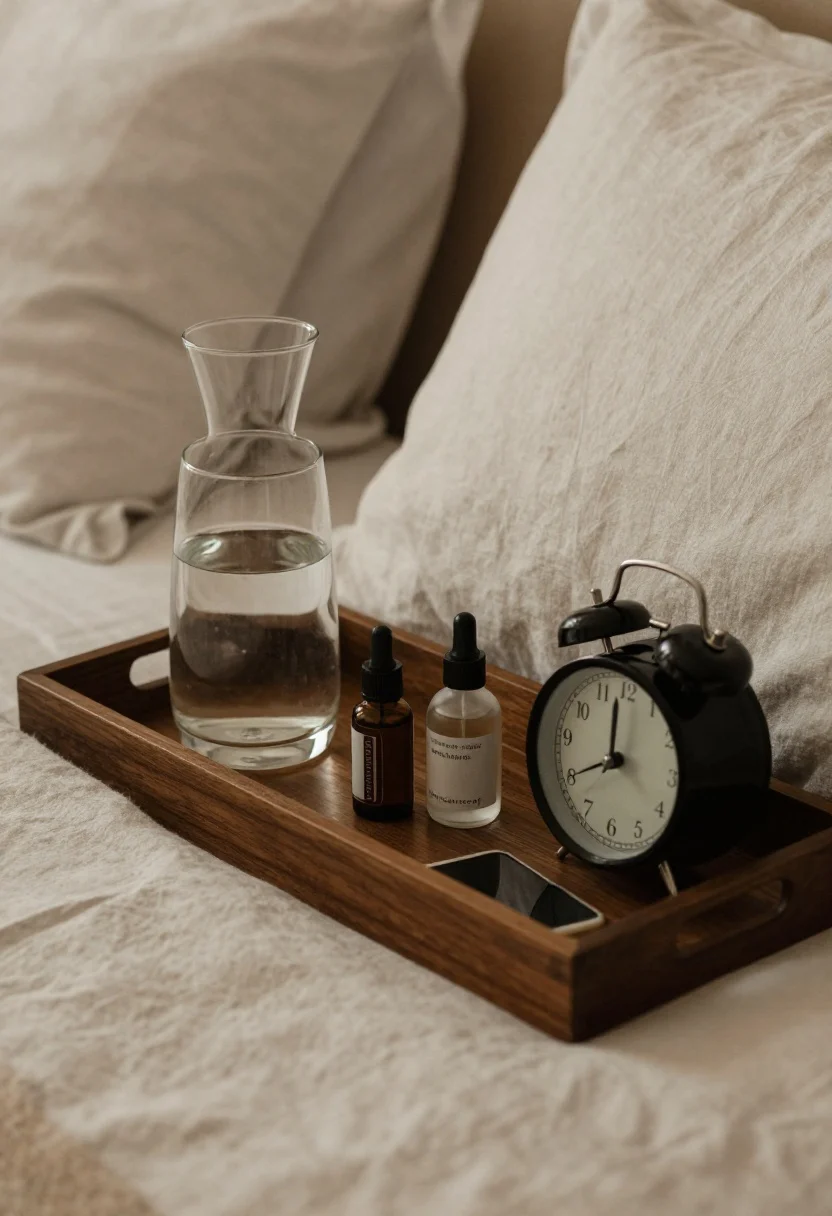 Detail closeup: A neatly arranged bedside tray vignette in natural materials. Washed linen or organic cotton pillowcase texture visible, with a hint of wool blanket edge. On the tray: a glass water carafe with tumbler, a subtle essential oil diffuser or room spray labeled lavender/cedar/chamomile, and an analog alarm clock. Smartphone absent to imply a charging basket outside the room. Background blur reveals blackout curtains and a quality mattress edge. Soft, evening-warm light; the scene feels tactile, natural, and calming.
