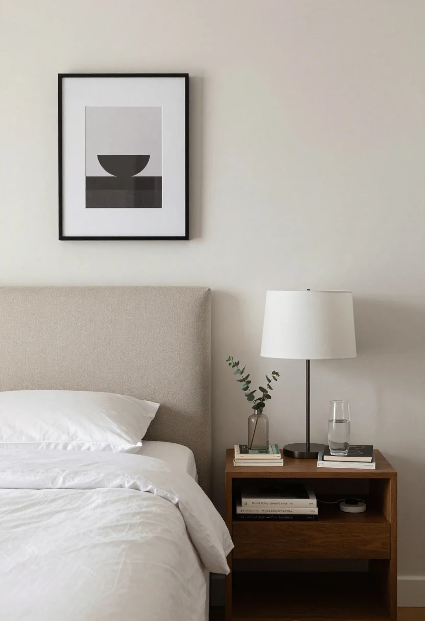 Medium shot focusing on bed wall: A padded, upholstered headboard sized to the bed width plus 5–10 cm, height aligning to mid-level of framed wall art above. Nightstands at the same height as the top of the mattress, 35–45 cm deep to hold a book stack and a compact lamp. Lamp shades positioned so their lower edge sits at eye height when seated. Nightstand styling is zen: a slim vase with eucalyptus stems, a tidy stack of books, a clear-glass water carafe, and a minimal charging dock concealing cables. Clean lines, hotel-level comfort, neutral textiles.