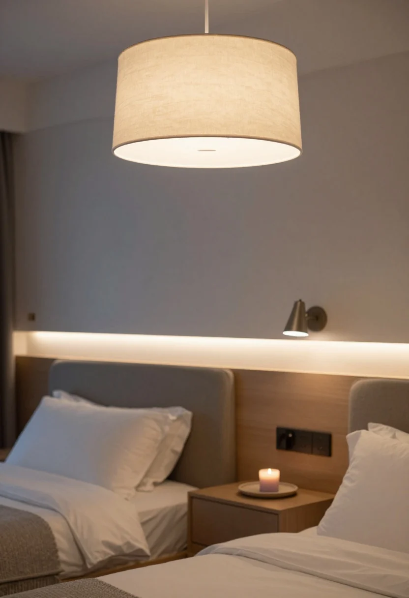 Medium shot from a corner angle: Layered lighting in a bedroom set to a warm 2700K–3000K ambiance. Overhead fixture with a fabric drum shade or opal glass dome softly diffuses light; matching dimmed swing-arm wall lamps above each nightstand provide just-enough reading light. A subtle LED strip glows behind the headboard or beneath the bed, creating a gentle halo without glare. Include a small lavender or cedarwood candle placed safely on a ceramic tray on the nightstand. Emphasize warm, adjustable light sources and a calm evening mood, no blue cast.