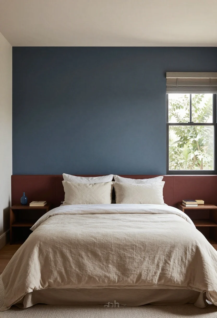 Straight-on medium-wide shot: A bedroom with a breathable, nature-inspired color palette—matte warm neutral walls (not stark white), soft sand textiles, sage and dove blue accents, and hints of warm greige. The headboard wall or window trim is painted a deeper hue (choose either dusty dark blue or deep terracotta) to add depth while keeping the room intimate. Textiles stay in related “sibling” tones—same family, varied shades—so everything flows. Gentle daylight filtering in; showcase how the colors reflect light softly, delivering an “ahh” feeling.