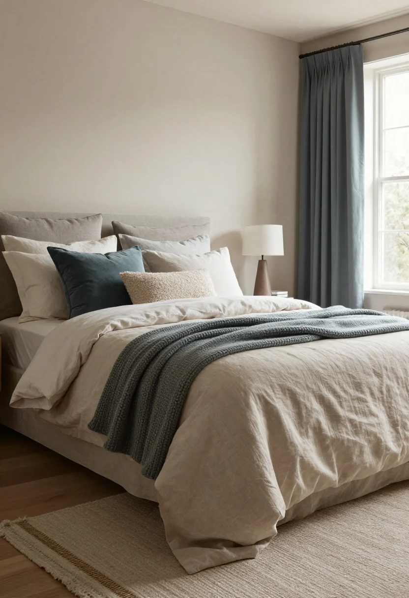 Wide room shot: A serene Scandinavian-style bedroom showcasing layered textures in a calm palette of sand, sage, dove blue, and warm greige. Linen duvet cover with soft satiny sheen as the base, topped with a chunky wool knit throw draped across the foot of the bed, plus a lighter throw over a nearby chair back. Pillow stack: two oversized hotel pillows, two standard pillows, and one or two textured bouclé and velvet accent cushions. Underfoot, a high-pile rug hugs the floor with optional sisal runners flanking the bed. Soft natural daylight from a side window, no harsh shadows, focus on the tactile contrast between coarse and smooth materials.