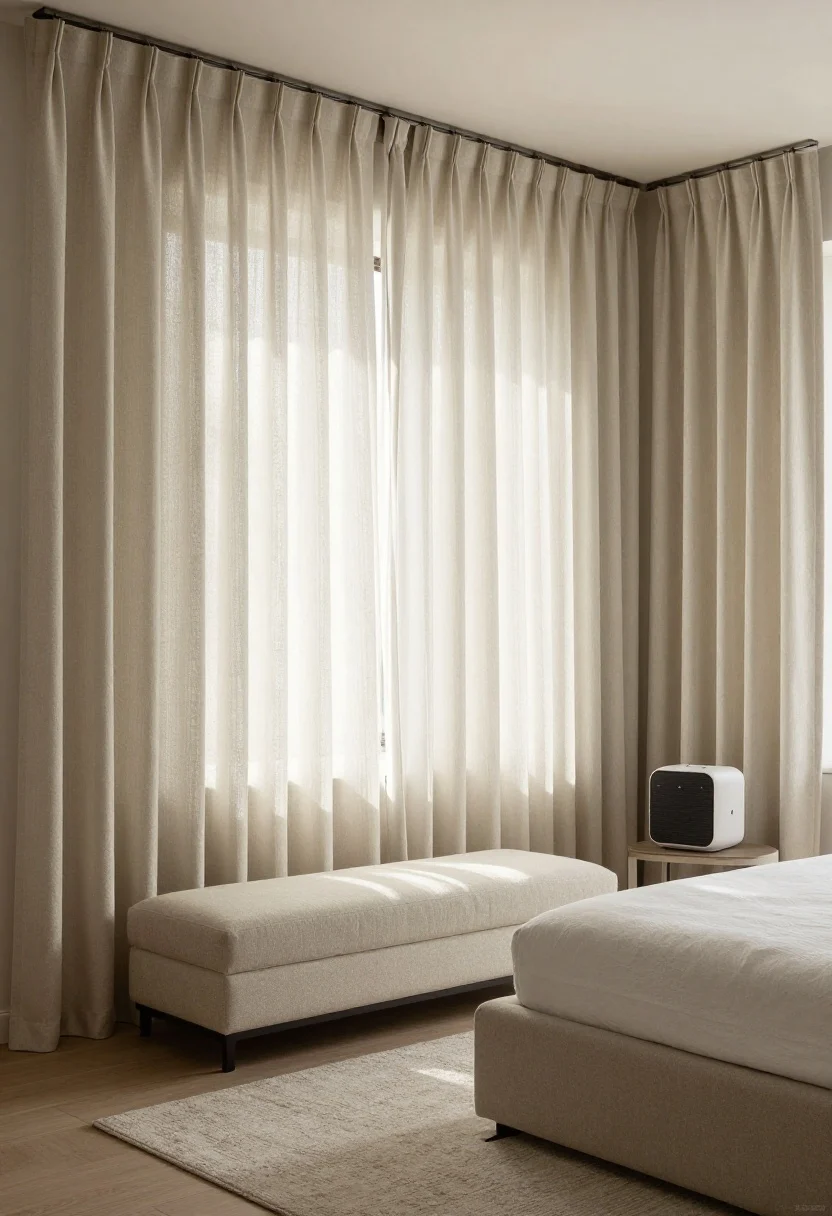 Wide room shot emphasizing acoustics: Full-height, lined curtains hung on a ceiling-mounted track, skimming the floor to visually lift the space. Fabric appears dense and softly pleated, with blackout lining hinted at by thickness. A padded bench at the foot of the bed, an upholstered chair, and a thick rug contribute to sound dampening. Optional discreet white noise machine or small fan on a low shelf, unobtrusive. Soft morning light filtering around the edges of the curtains; the room feels hushed and cocoon-like.
